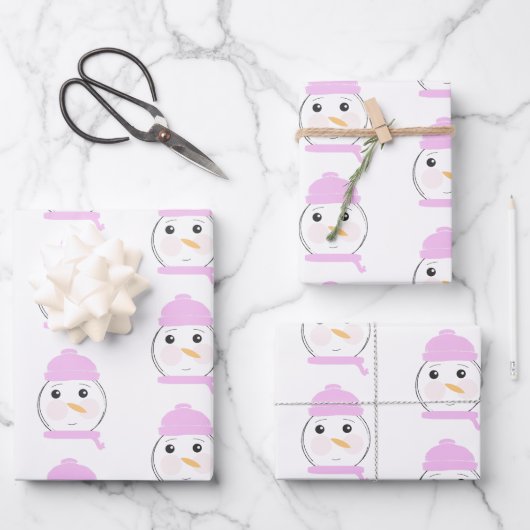 Niedlich Snowman Pink Weihnachts-Party Geschenkpapier Set (Vorderseite)