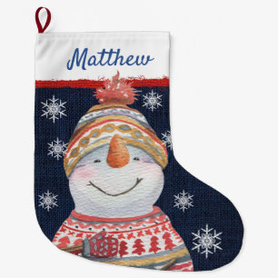 Niedlich Snowman Red Green Sweater Hat Snowflakes Großer Weihnachtsstrumpf