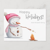 Niedlich Snowman Roasting Marshmallows Familienurl Postkarte (Vorderseite)