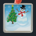 Niedlich Snowman Silbernes Ornament<br><div class="desc">Niedlicher Schneemann mit Schneeflocken und geschmücktem Weihnachtsbaum ist so festlich für die Ferien.</div>