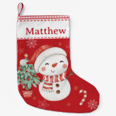 Niedlich Snowman Tree Candy Cane Red Gingham Kleiner Weihnachtsstrumpf (Vorderseite)
