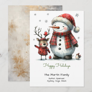 Niedlich Snowman und Reindeer Happy Feiertagskarte