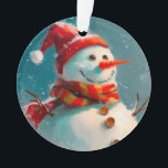 Niedlich Snowman Vintage Weihnachten Ornament<br><div class="desc">Nicht viel ist niedlich für einen Weihnachtsschmuck, als unser skurriler Schneemann. Er got den Hut des Weihnachtsmannes, einen großen Retroschal und natürlich eine Karottennaase. Glücklich ist er, mit seinen Knöpfen und seinen Armen. Auf der Rückseite dieses Rundschmucks ist der traditionelle Gruß, "Frohe Weihnachten", ein Absatz mit Beispielprosa, und Raum für...</div>