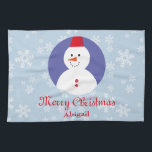 Niedlich Snowman Wintry Christmas Geschirrtuch<br><div class="desc">Niedliches Snowman Wintry Christmas ,  ist das perfekte Küchentuch,  um einem Liebsten ein Geschenk zu machen. Mit einem blauen und weißen Schneeflocken Hintergrund,  "Frohe Weihnachten" und Ihrem Namen unter rot. Bestelle noch heute! Santa Graphic: AnneIllustration https://www.etsy.com/shop/AnneIllustration Hintergrundbild Kunstwerk erstellt von: AMBillustrations http://www.etsy.com/shop/AMBillustrations</div>