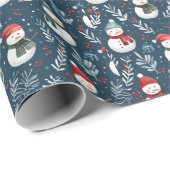 Niedlich Snowmen Greenery Blauer Weihnachten Geschenkpapier (Rolleneckpunkt)