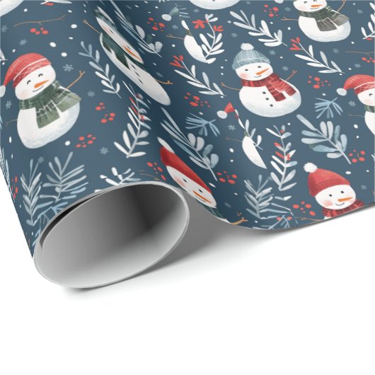 Niedlich Snowmen Greenery Blauer Weihnachten Geschenkpapier (Rolleneckpunkt)