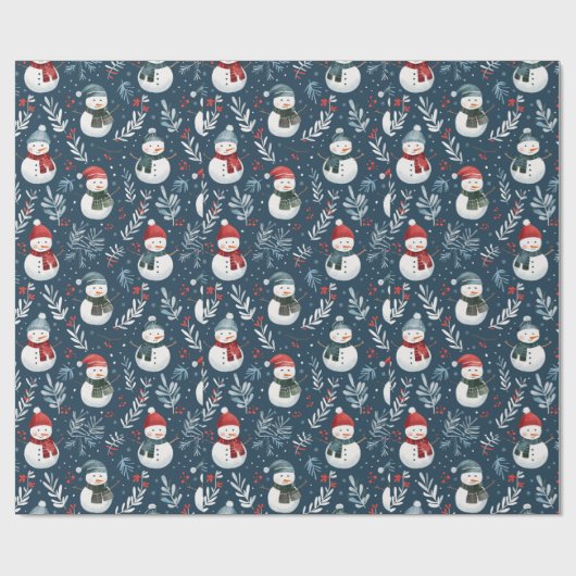 Niedlich Snowmen Greenery Blauer Weihnachten Geschenkpapier (Flach)
