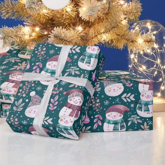 Niedlich Snowmen Grüne Snowflakes Grün Weihnachten Geschenkpapier (Feiertage)