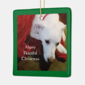 Niedlich Snowy White Puppy Dog Weihnachten Grün Keramikornament (Links)