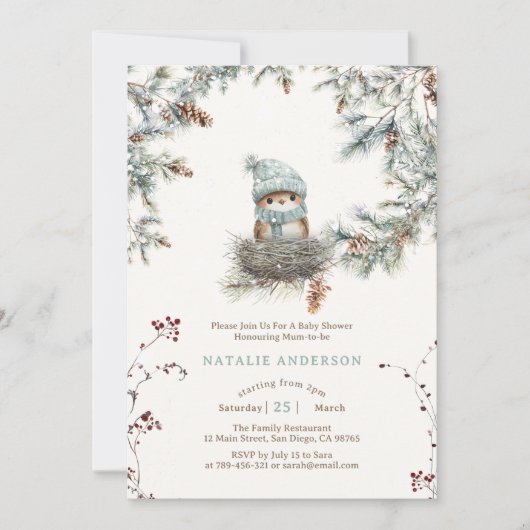 Niedlich Snowy Woodland Blue Bird's Nest Baby Show Einladung (Vorderseite)