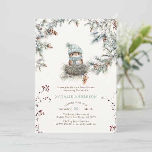 Niedlich Snowy Woodland Blue Bird's Nest Baby Show Einladung (Stehend Vorderseite)