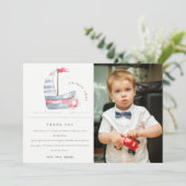 Niedlich Soft Red Blue Sailboat Kinder Foto Geburt Dankeskarte (Stehend Vorderseite)
