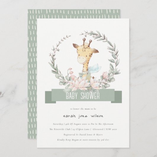 Niedlich Soft Safari Giraffe Blumengarnitur Kinder Einladung (Vorne/Hinten)