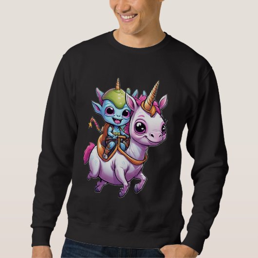 Niedlich Space Alien reitet unicorn lustiges UFO Sweatshirt (Vorderseite)