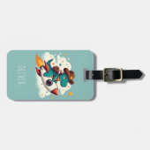 Niedlich Space Cowboy Dinosaurier Riding Rocket Gepäckanhänger (Vorderseite horizontal)