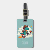 Niedlich Space Cowboy Dinosaurier Riding Rocket Gepäckanhänger (Vorderseite vertikal)