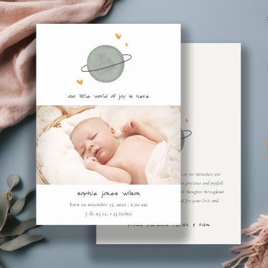 Niedlich Space World Heart Foto Geburtsankündigung Dankeskarte