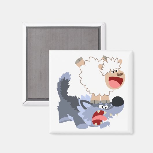 Niedlich spielend Cartoon Sheep und Wolf Magnet (Vorderseite/Rückseite)
