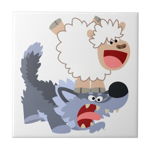 Niedlich spielend Cartoon Sheep und Wolf Tile Fliese (Vorderseite)