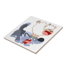 Niedlich spielend Cartoon Sheep und Wolf Tile Fliese