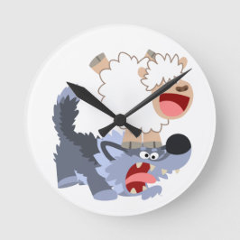 Niedlich spielend Cartoon Sheep und Wolf Wall Cloc Runde Wanduhr