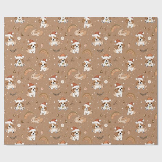 Niedlich Spielender Hund und Schneeflocken Beige W Geschenkpapier (Flach)