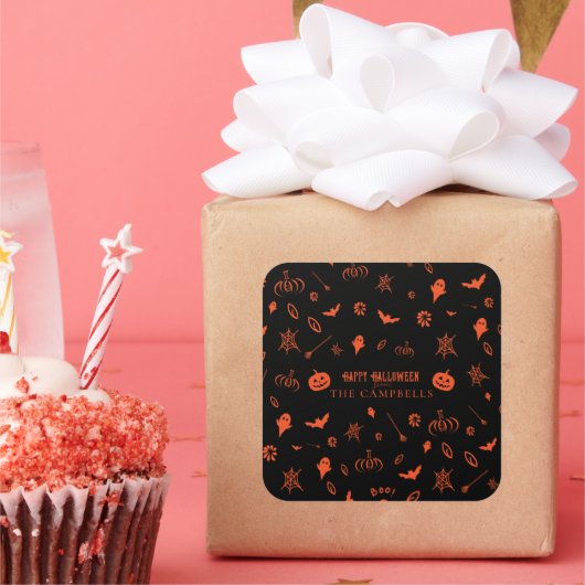 Niedlich Spooky Ghost Black Orange Halloween Quadratischer Aufkleber (Party)