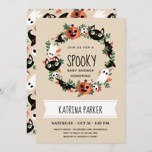 Niedlich Spooky Halloween Wreath Babydusche Einladung (Vorne/Hinten)