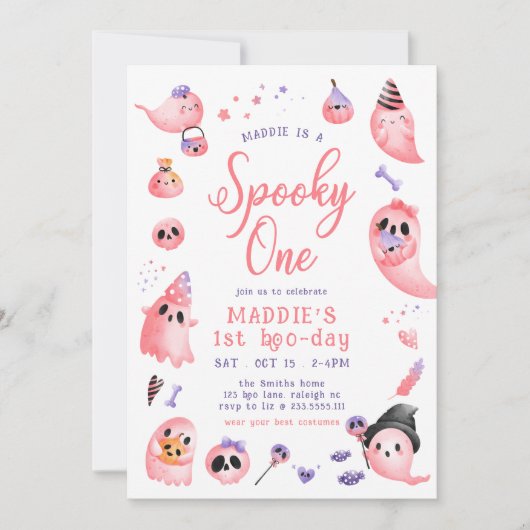 Niedlich Spooky One Pink Halloween Ghost 1. Geburt Einladung (Vorderseite)
