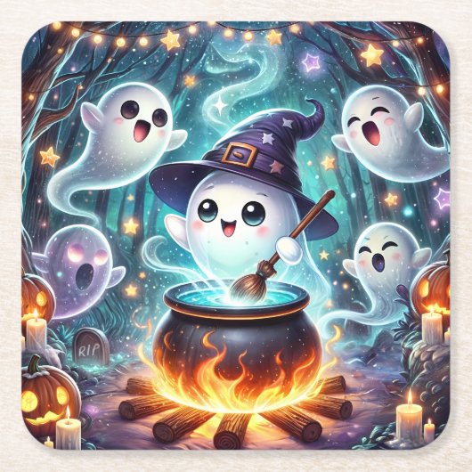 Niedlich Spooky Witchy Ghost Halloween Dekor Rechteckiger Pappuntersetzer (Vorderseite)