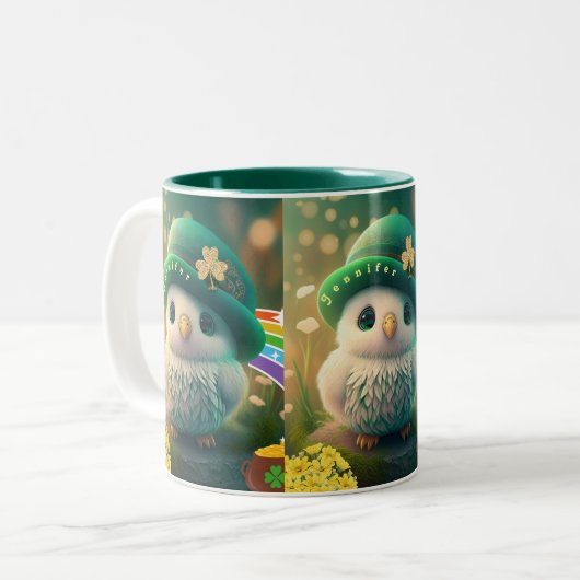 Niedlich St Patricks Day Baby Owl Personalisiert Zweifarbige Tasse (Vorderseite Links)