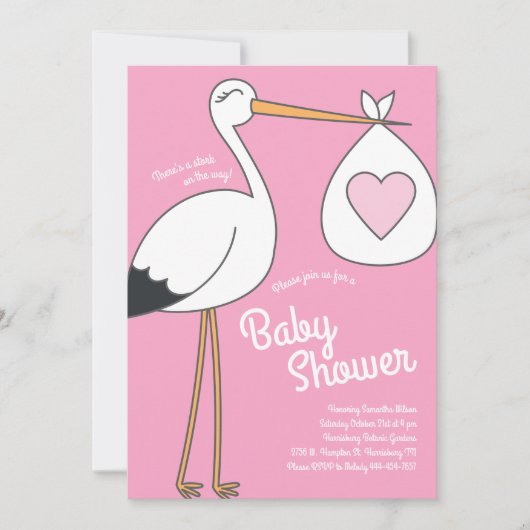 Niedlich Stork Baby Dusche Pink Girl Einladung (Vorderseite)