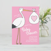 Niedlich Stork Baby Dusche Pink Girl Einladung (Stehend Vorderseite)