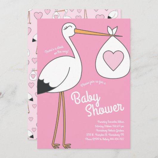 Niedlich Stork Baby Dusche Pink Girl Einladung (Vorne/Hinten)