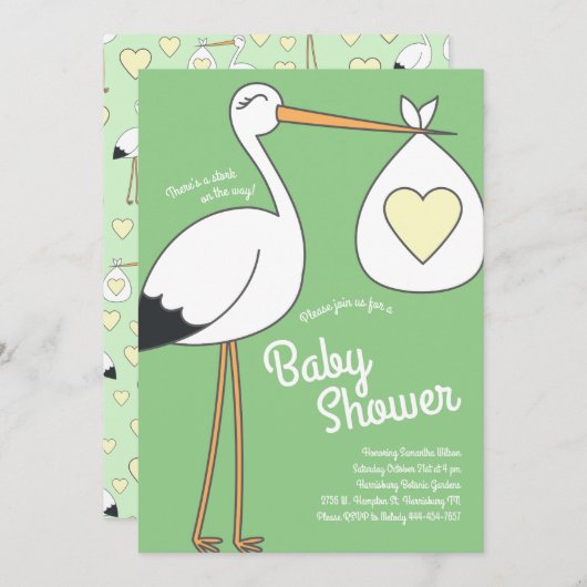 Niedlich Stork Baby Duwer Mod Gender Neutral Einladung (Vorne/Hinten)