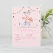 Niedlich Stork Little Bunny Baby Dusche Einladung (Stehend Vorderseite)