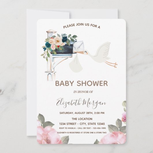Niedlich Stork Mailbox Blume Kinderdusche Einladung (Vorderseite)
