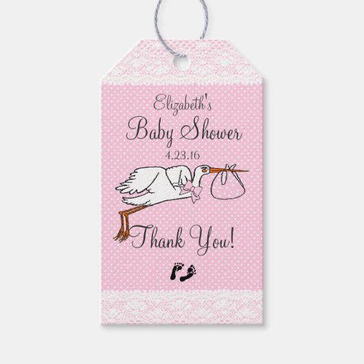 Niedlich Stork Pink Baby Showgast Gefallen Geschenkanhänger (Vorderseite)