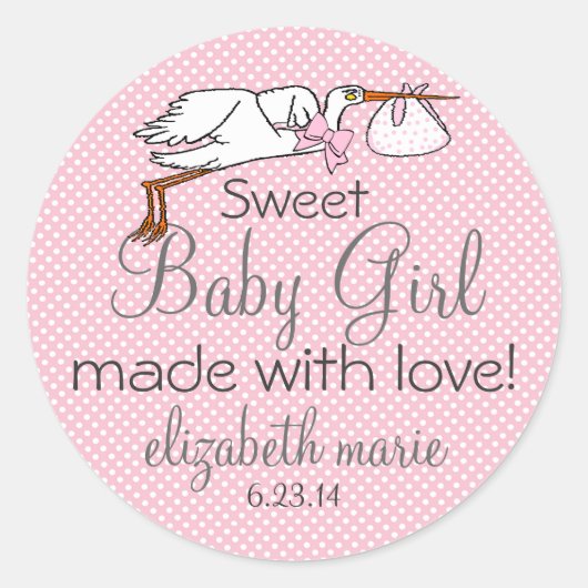 Niedlich Stork Pink Baby Showgast Gefallen Runder Aufkleber (Vorderseite)