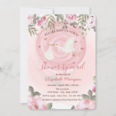 Niedlich Stork Watercolor Blume Kinderdusche Einladung (Vorderseite)