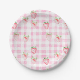 Niedlich Strawberry Berry Pink Gingham Brithday Pappteller