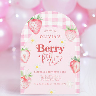 Niedlich Strawberry Daisy Berry 1. Arch Geburtstag Einladung
