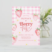 Niedlich Strawberry Daisy Berry Erstes Foto Geburt Einladung (Stehend Vorderseite)