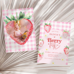 Niedlich Strawberry Daisy Berry Erstes Foto Geburt Einladung