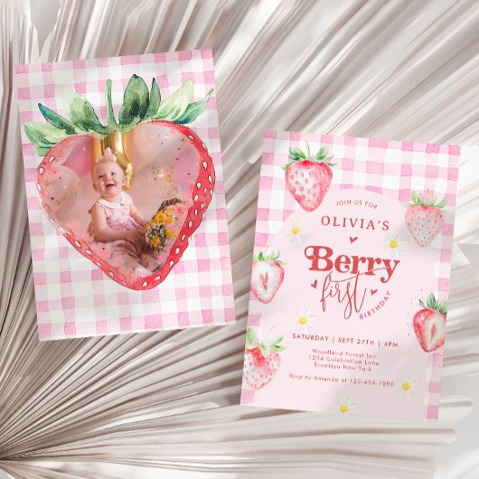 Niedlich Strawberry Daisy Berry Erstes Foto Geburt Einladung