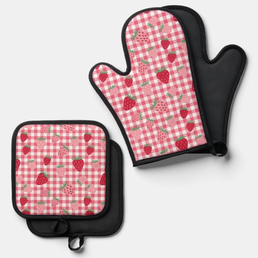 Niedlich Strawberry Gingham Gemustert Ofenhandschuh & Topflappen-Set (Vorderseite/Rückseite)