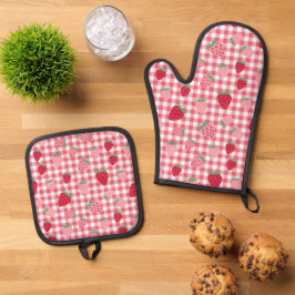 Niedlich Strawberry Gingham Gemustert Ofenhandschuh & Topflappen-Set