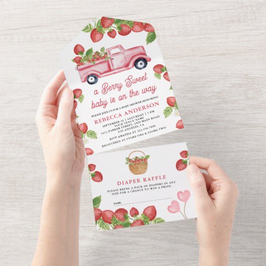 Niedlich Strawberry Truck Berry Sweet Baby Dusche All In One Einladung (Abreißen)