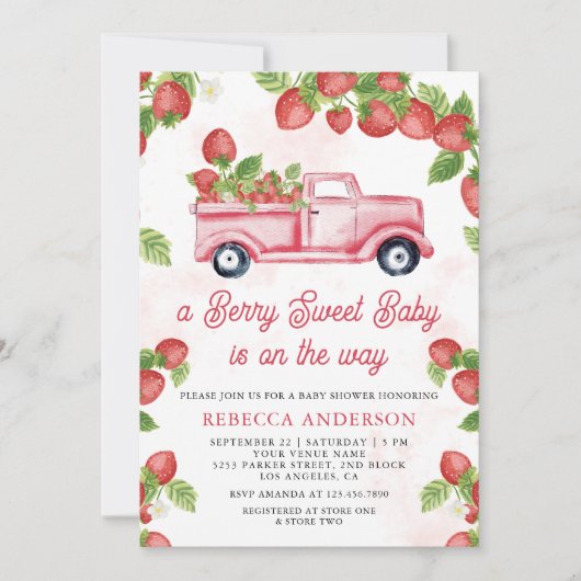 Niedlich Strawberry Truck Berry Sweet Baby Dusche Einladung (Vorderseite)
