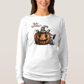 Niedlich Strip Halloween Ghost Kitten und Pumpkin T-Shirt (Vorderseite)